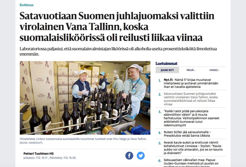 Soome 100. aastapäeva joogiks valiti Vana Tallinn