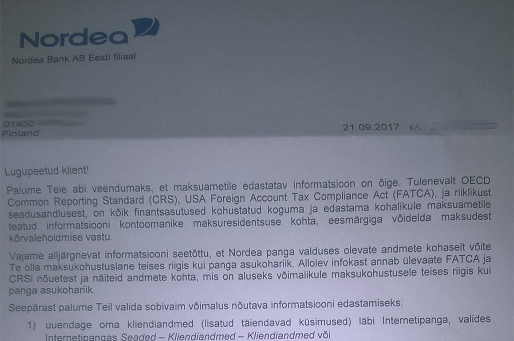 Nordea pank küsib andmeid Soomes elavalt eestlaselt, kes pole panga klient