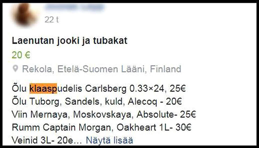 Facebookis tegutseb grupp, mille kaudu saab Soomes ööpäev läbi alkoholi tellida