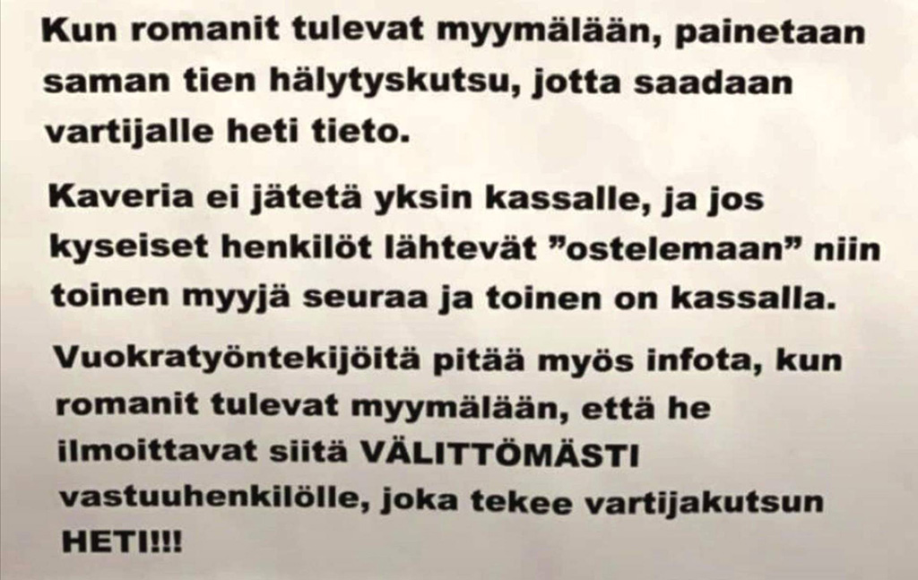 Vantaa poes oli üleval eraldi käitumisjuhend mustlaste jaoks