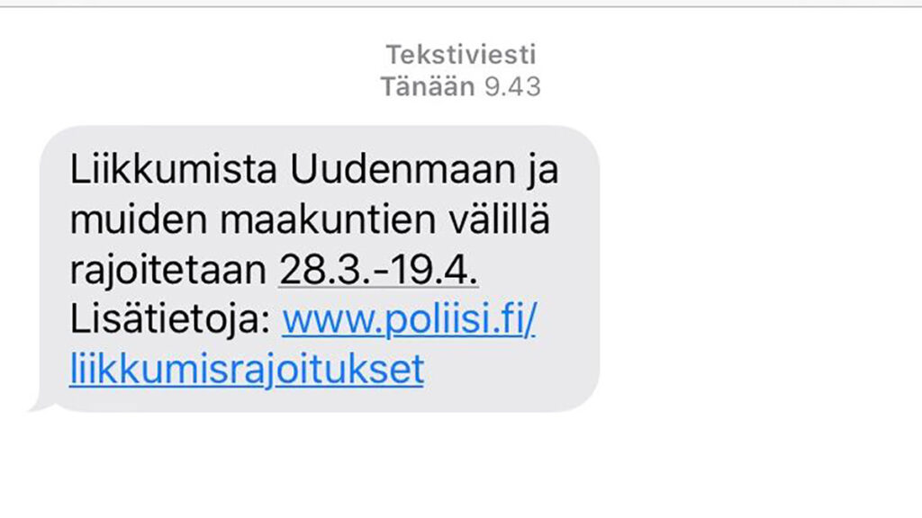 Kõik inimesed pidid täna saama Soomes telefonile SMS-i Uusimaa isoleerimise kohta, aga paljud ei saanud