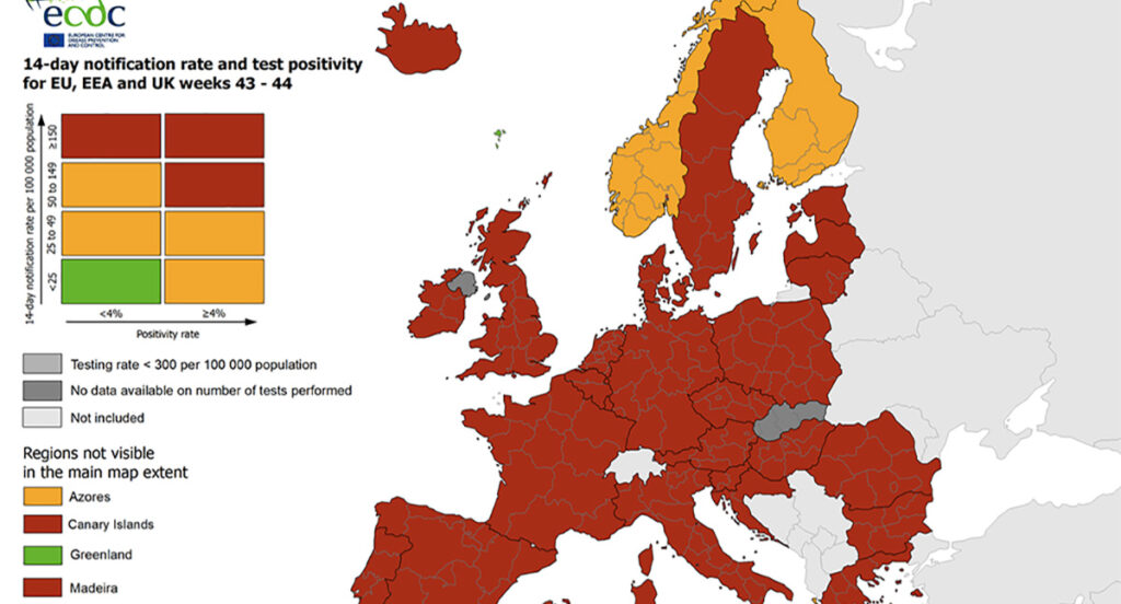 KUUM: Terve Euroopa on värvunud koroona-punaseks, ainsad kollased laigud on Soome ja Norra – vaata suurest tabelist koroona olukorda Euroopas