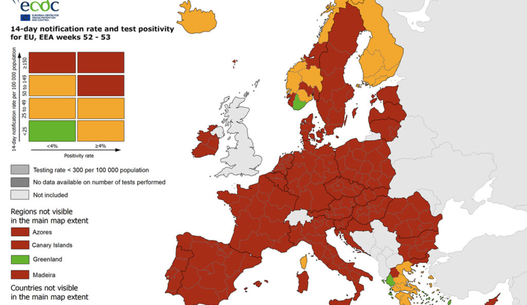 Suur Euroopa koroonakaart ja tabel 53. nädal 2020: Soomes nakatumine suures languses, Eestis püsib väga kõrge