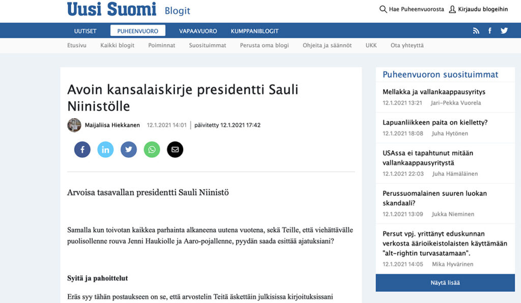 Soome naise kiri president Niinistöle koroona ja vaktsineerimise teemal