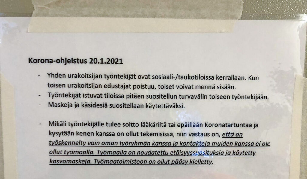 Soome ehitusobjektil anti töötajatele juhised, kuidas vastata „õigesti” arsti küsimustele koroona kohta