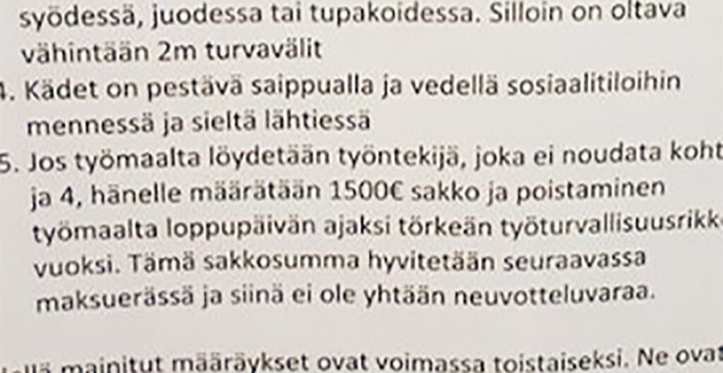 KUUM: Soome ehitusfirma ähvardas töötajaid 1500 euro suuruse alusetu „koroonatrahviga”