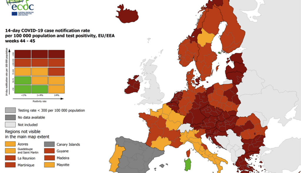 Koroona ülevaade Euroopas 45. nädal 2021: epitsentrid on Sloveenia, Slovakkia ja Austria, Soome tase püsib madal
