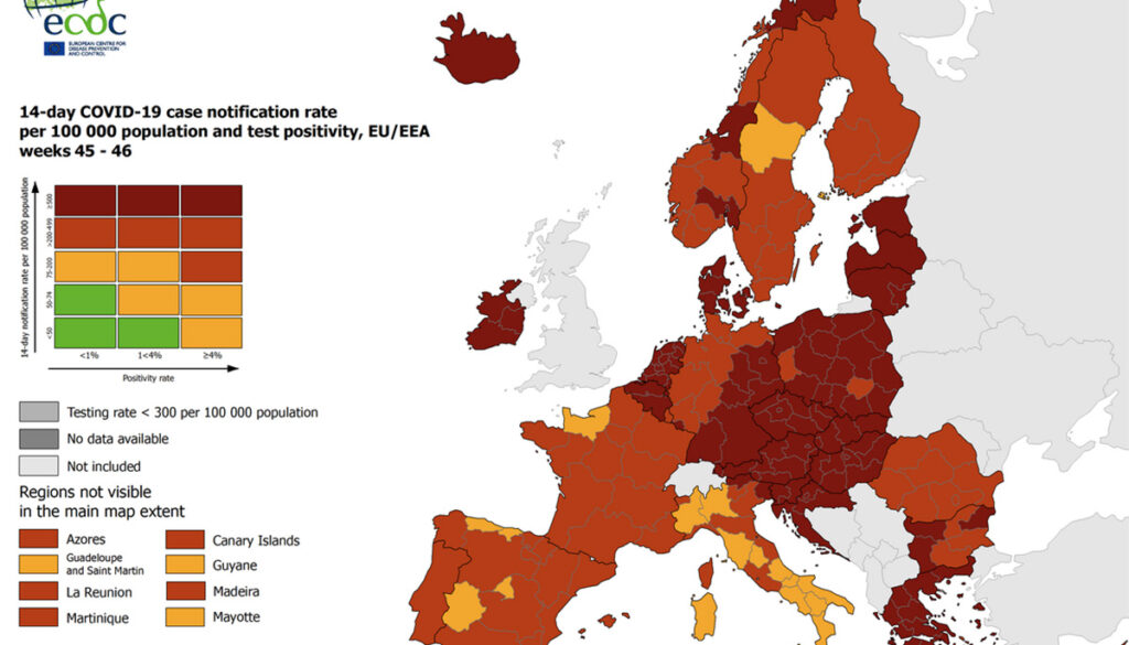 Koroona ülevaade Euroopas, 46. nädal 2021: nakatumine on kõrgeim Kesk-Euroopas, Soome tase väga madal