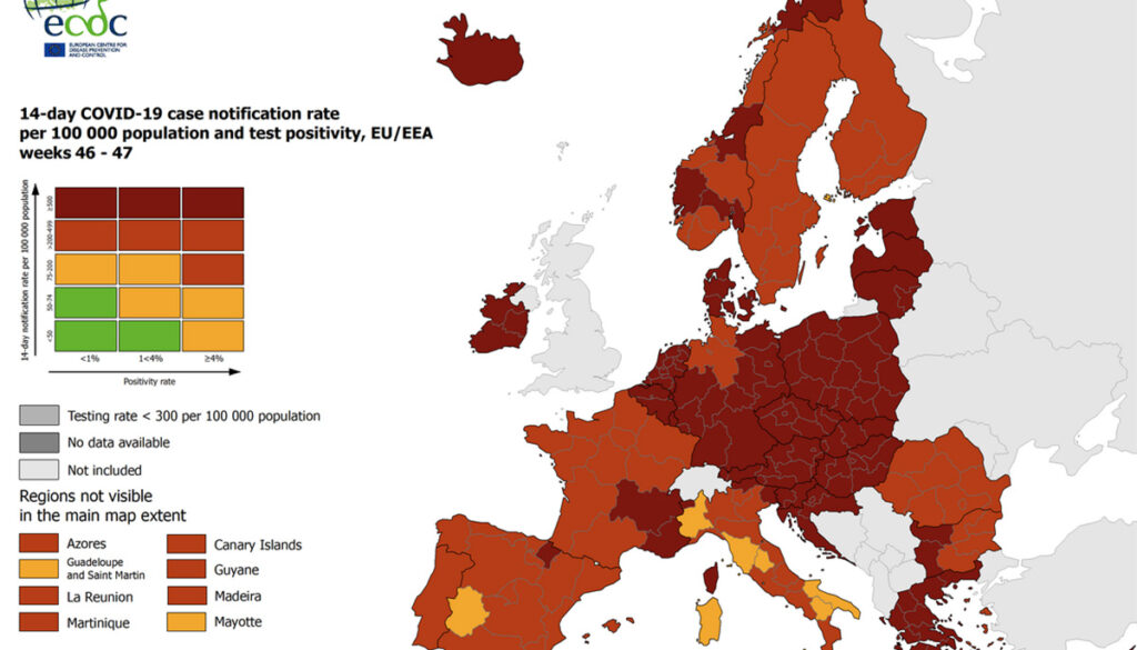 Koroona ülevaade Euroopas, 47. nädal 2021: Euroopa on täiesti punane, Soome tase tõuseb, Eesti oma langeb