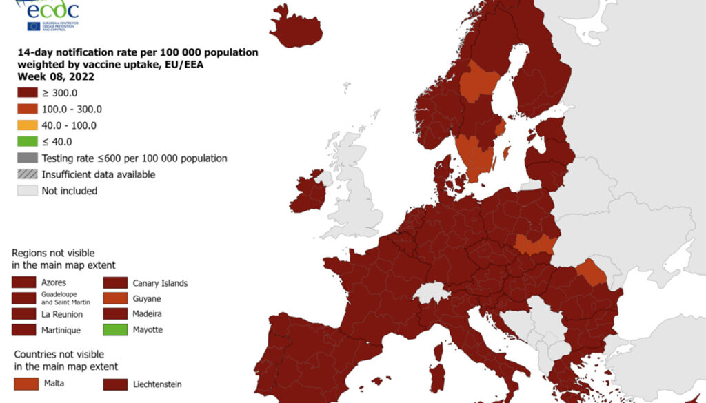 Koroona ülevaade Euroopas, 8. nädal 2022: Nakatumine langeb enamikus riikides