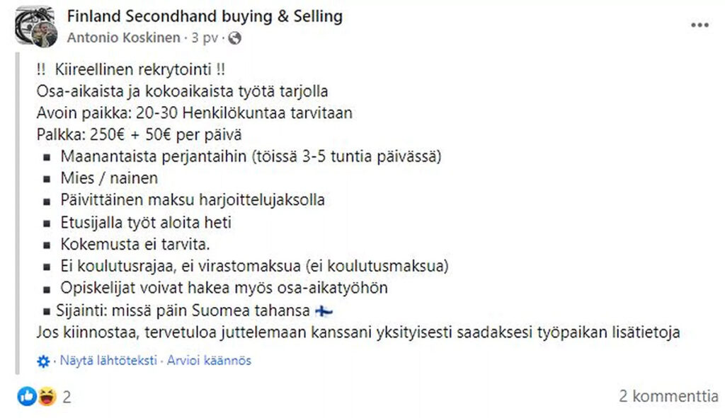 Soomes levib ohtlik pettus, kus pakutakse tasuvat tööd