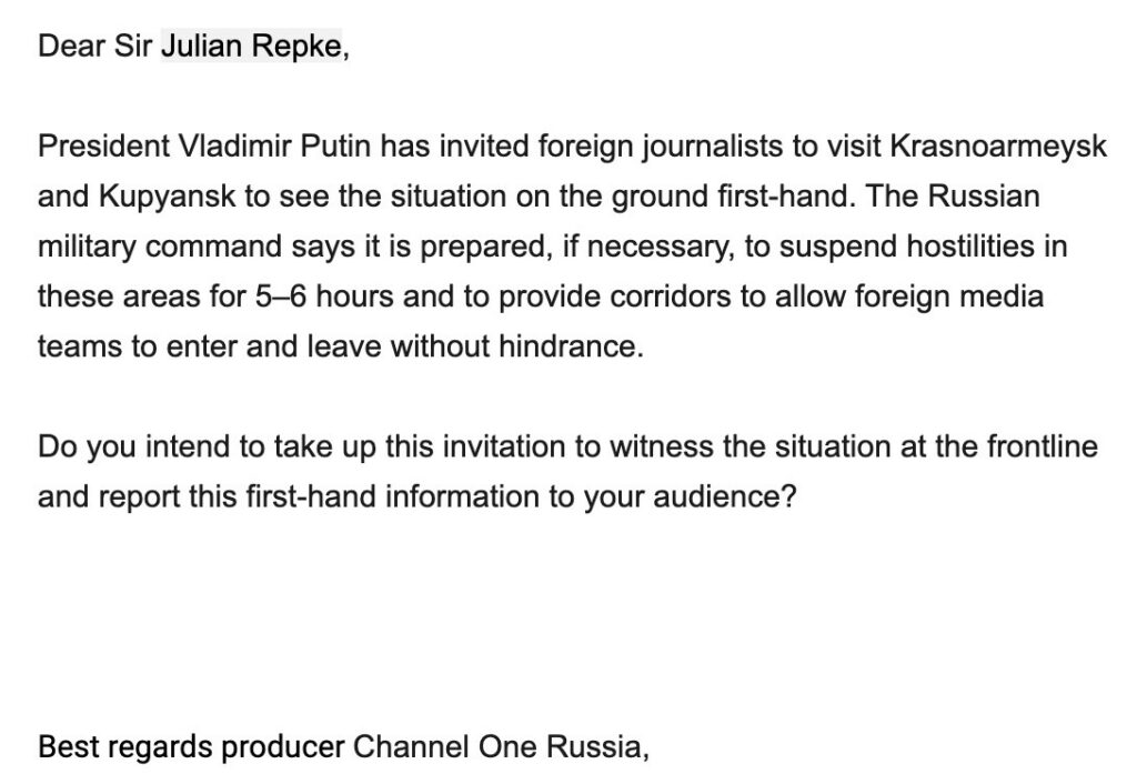 Saksa rindereporter andis teada, et Vene pool kutsus teda Ukraina rindelinna